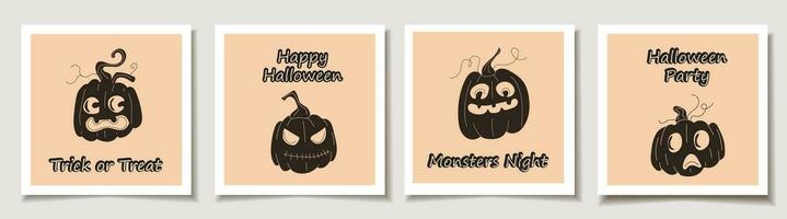Set of Halloween cards with Set of four halloween pumpkins, funny faces. Greeting cards with Magic items. vector