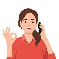 mujer de negocios participación móvil teléfono y demostración un bueno mano signo. retrato de dibujos animados mujer de negocios personaje. vector