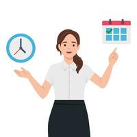 Young smiling business woman pointing to calendar and clock.Time management, timing, self organization, business planning concept. vector