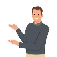 Happy man points to something. Character for advertisement. Guy shows a direction with a hand. vector