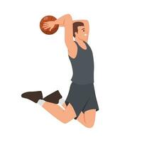 ilustración de un baloncesto jugador hombre saltar para remojar. vector