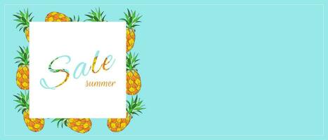 Horizontal banner for summer sale. Summer ripe pineapple hand drawn. Sale promotional material vector illustration. Sale flyer design with empty insert space.