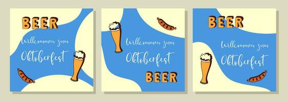 Oktoberfest. Beer festival. Blue posters set with doodle hand drawn and inscription Willcommen zum Oktoberfest. vector