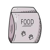 Packaging of pets feed with the inscription food and a painted paw. Vector doodle illustration of a bag of dry food for dogs or cats.