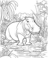 Hippopotamus jungle coloring page vector