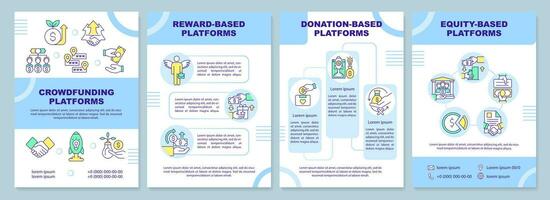 Crowdfunding platforms blue brochure template. Invest startup. Leaflet design with linear icons. Editable 4 vector layouts for presentation, annual reports