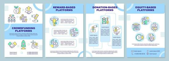 recaudación de fondos plataformas azul folleto modelo. invertir puesta en marcha. folleto diseño con lineal iconos editable 4 4 vector diseños para presentación, anual informes