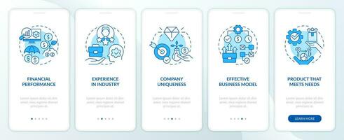 Engage investors to startup blue onboarding mobile app screen. Walkthrough 5 steps editable graphic instructions with linear concepts. UI, UX, GUI template vector