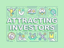 Attracting investors word concepts light green banner. Involve funding. Infographics with editable icons on color background. Isolated typography. Vector illustration with text