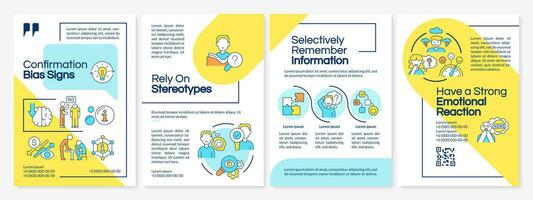 Confirmation bias symptoms blue and yellow brochure template. Leaflet design with linear icons. Editable 4 vector layouts for presentation, annual reports