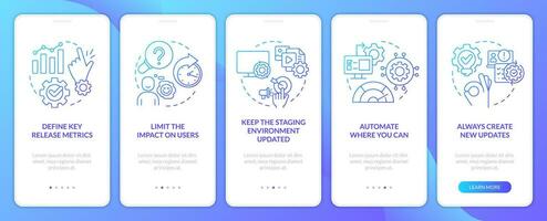Releasing management process tips blue gradient onboarding mobile app screen. Walkthrough 5 steps graphic instructions with linear concepts. UI, UX, GUI template vector