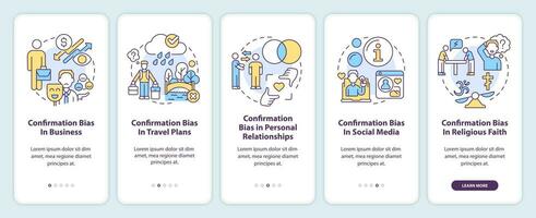 Examples of confirmation bias onboarding mobile app screen. Walkthrough 5 steps editable graphic instructions with linear concepts. UI, UX, GUI template vector