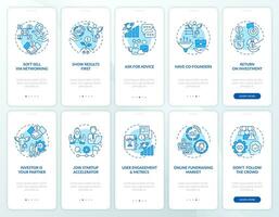 Involving investors strategies blue onboarding mobile app screen set. Walkthrough 5 steps editable graphic instructions with linear concepts. UI, UX, GUI template vector