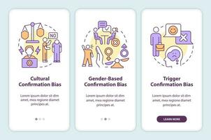 Confirmation bias examples in hiring onboarding mobile app screen. Walkthrough 3 steps editable graphic instructions with linear concepts. UI, UX, GUI template vector