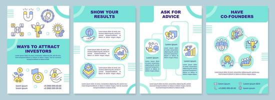 Ways to attract investors turquoise brochure template. Leaflet design with linear icons. Editable 4 vector layouts for presentation, annual reports