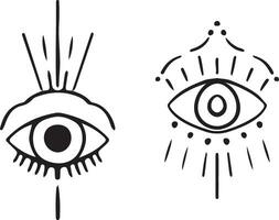 Vector set of occult sign third eye. Mystic symbol for bohemian design. Vector illustration on ethnic style. Buddhist Eye. All seeing eye, freemason symbol in triangle with light ray, tattoo design