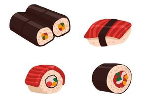 Set of sushi and rolls doodles. Collection of asian fast food. Hand drawn vector illustration in flat style. Cartoon cliparts isolated on white background.