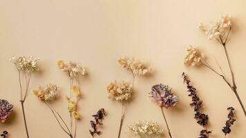 Flowers composition. Dried flowers on beige background. Flat lay, top view. Ai Generative. photo