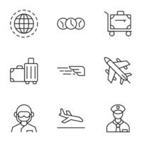 Pack of isolated vector symbols drawn in line style. Editable stroke. Icons of world, clock, suitcase, baggage, wing, plane, pilot