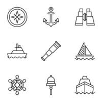 Pack of isolated vector symbols drawn in line style. Editable stroke. Icons of radar, anchor, binocular, ship, steering wheel, ring