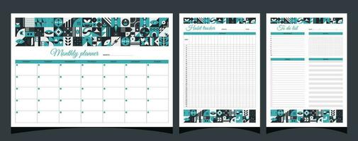 Planners set geometry. Monthly, habit tracker, to do list planners. Planners printable template with geometric shapes. Blank white notebook page A4. Vector illustration.