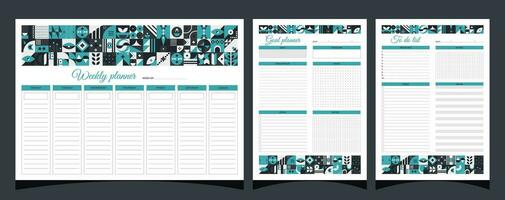 Planners set geometry. Weekly, goal, to do list planners. Planners printable template with geometric shapes. Blank white notebook page A4. Vector illustration.