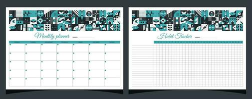 Planners set geometry. Monthly and habit tracker planners. Planners printable template with geometric shapes. Blank white notebook page A4. Vector illustration.