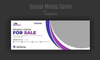 Modern home for sale social media post design template, banner, timeline cover, real estate company web banner with white background and geometric gradient color shape vector