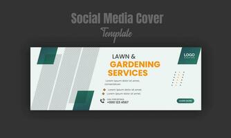 Lawn and gardening services social media cover or post design template, modern lawn mower, landscaping farming service with geometric green color shapes and white background for business promotion vector