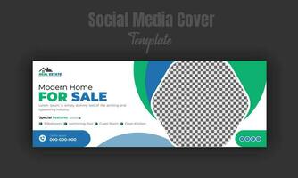 Modern home for sale social media post design template, banner, timeline cover, real estate company web banner with white background and geometric gradient color shape vector