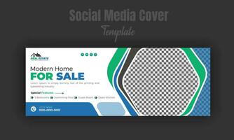 Modern home for sale social media post design template, banner, timeline cover, real estate company web banner with white background and geometric gradient color shape vector