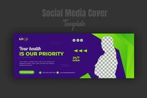 Medical care and treatment social media or timeline cover or web banner design template for service promotion with geometric radium green gradient color shape and dark blue background vector