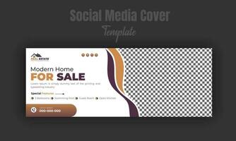 Modern home for sale social media post design template, banner, timeline cover, real estate company web banner with white background and geometric gradient color shape vector