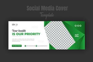 Medical care and treatment social media or timeline cover or web banner design template for service promotion with geometric light green gradient color shape vector