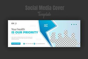 Medical care and treatment social media or timeline cover or web banner design template for service promotion with geometric blue gradient color shape vector