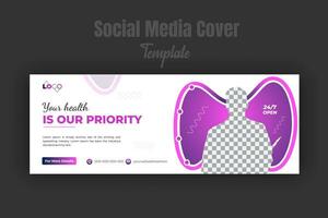 Healthcare and medical treatment social media or timeline cover or web banner design template for service promotion with abstract purple gradient color shapes vector