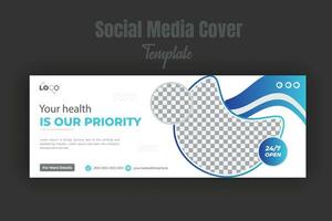 Healthcare and medical treatment social media or timeline cover or web banner design template for service promotion with abstract blue gradient color shapes vector