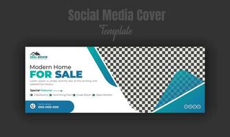 Modern home for sale social media post design template, banner, timeline cover, real estate company web banner with white background and geometric gradient color shape vector