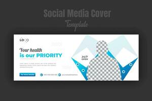 Medical care and treatment social media or timeline cover or web banner design template for service promotion with geometric blue gradient color shape vector