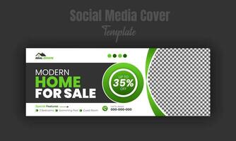 Modern home for sale social media post design template, banner, timeline cover, real estate company web banner with white background and geometric gradient color shape vector