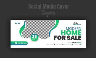 Modern home for sale social media post design template, banner, timeline cover, real estate company web banner with white background and geometric gradient color shape vector