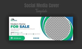 Modern home for sale social media post design template, banner, timeline cover, real estate company web banner with white background and geometric gradient color shape vector