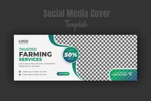 Trusted farming service social media cover or post design template, modern lawn mower garden, landscaping service promote with abstract green color shapes and white background vector