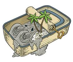 Hand drawn vector illustration of tropical island landscape with surfable waves inside a sardine tin. Drawing in a stripped-back style of fantasy situation. Editable art.