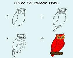 Step by step to draw a Owl. Drawing tutorial a Owl. Drawing lesson for children. Vector illustration.