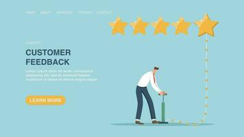 Customer feedback about product and service quality, user satisfaction and experience, appraisal rank, man pumps star in five-star rating. Vector illustration for poster, website, banner.