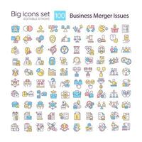 Company merger RGB color icons set. Financial transactions. Acquisition strategies. Isolated vector illustrations. Simple filled line drawings collection. Editable stroke used