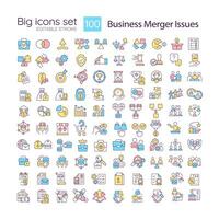 Company merger RGB color icons set. Financial transactions. Acquisition strategies. Isolated vector illustrations. Simple filled line drawings collection. Editable stroke used