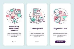 Procedural programming drawbacks onboarding mobile app screen. Walkthrough 3 steps editable graphic instructions with linear concepts. UI, UX, GUI template vector