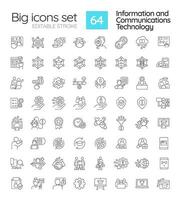 Information and communications technology linear icons set. Big data processing. ICT integration. Customizable thin line symbols. Isolated vector outline illustrations. Editable stroke